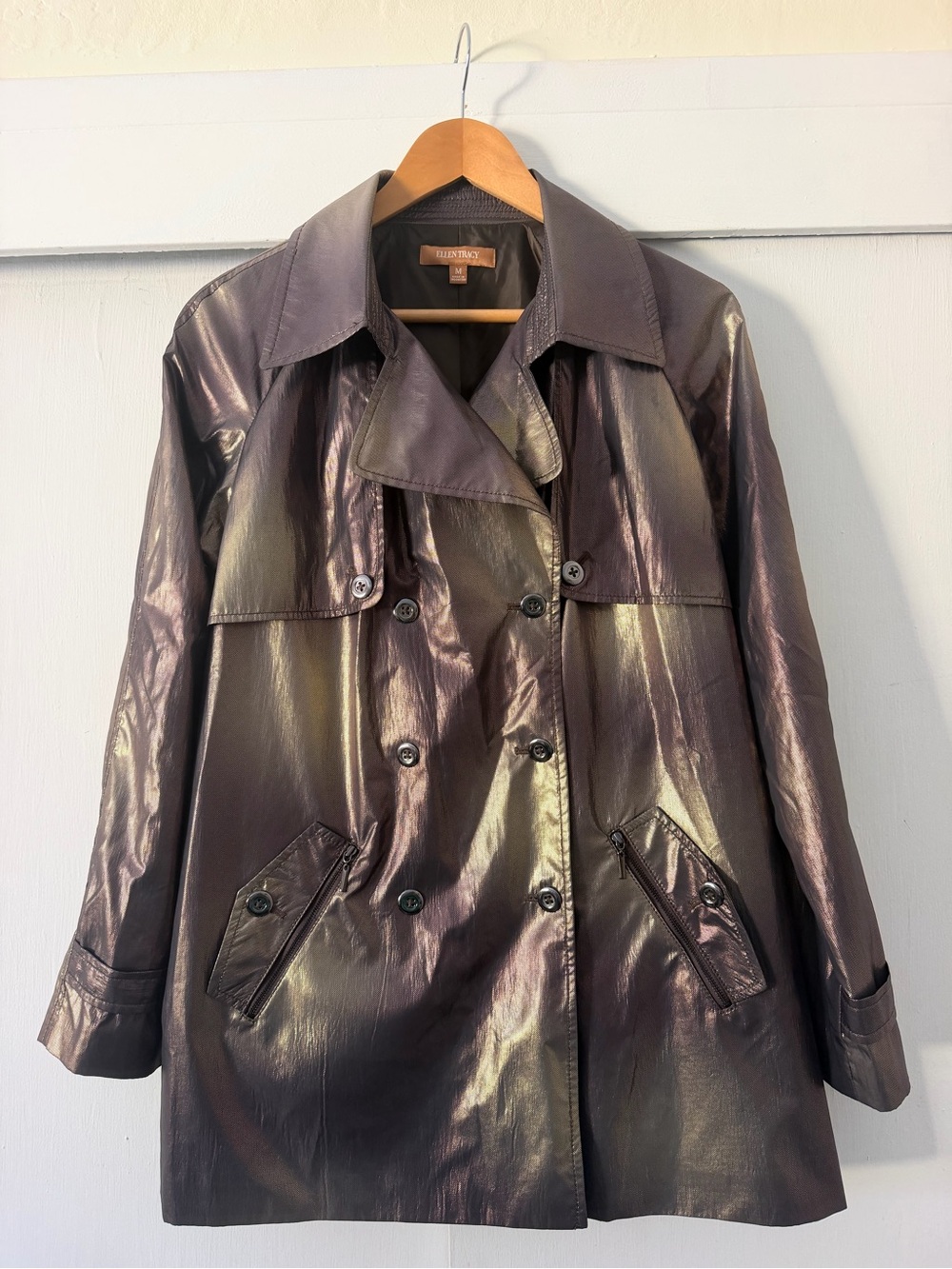 Ellen Tracy Iridescent Double-Breasted Coat in Plum Size Medium